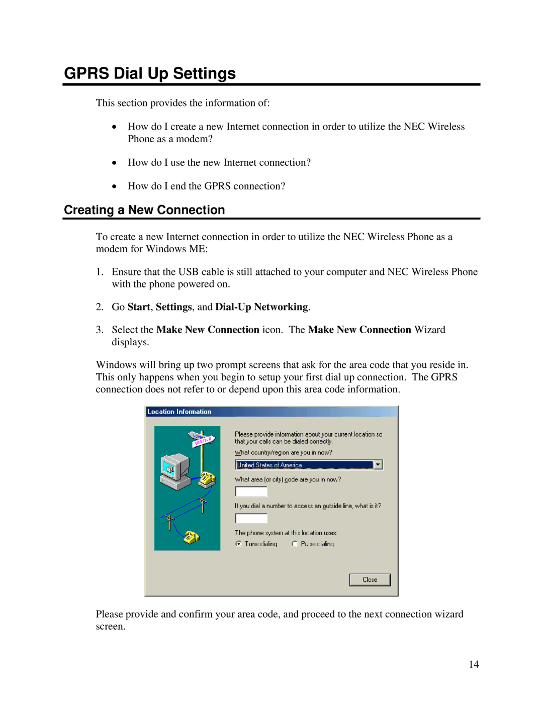 NEC 1.1 manual Gprs Dial Up Settings, Creating a New Connection 