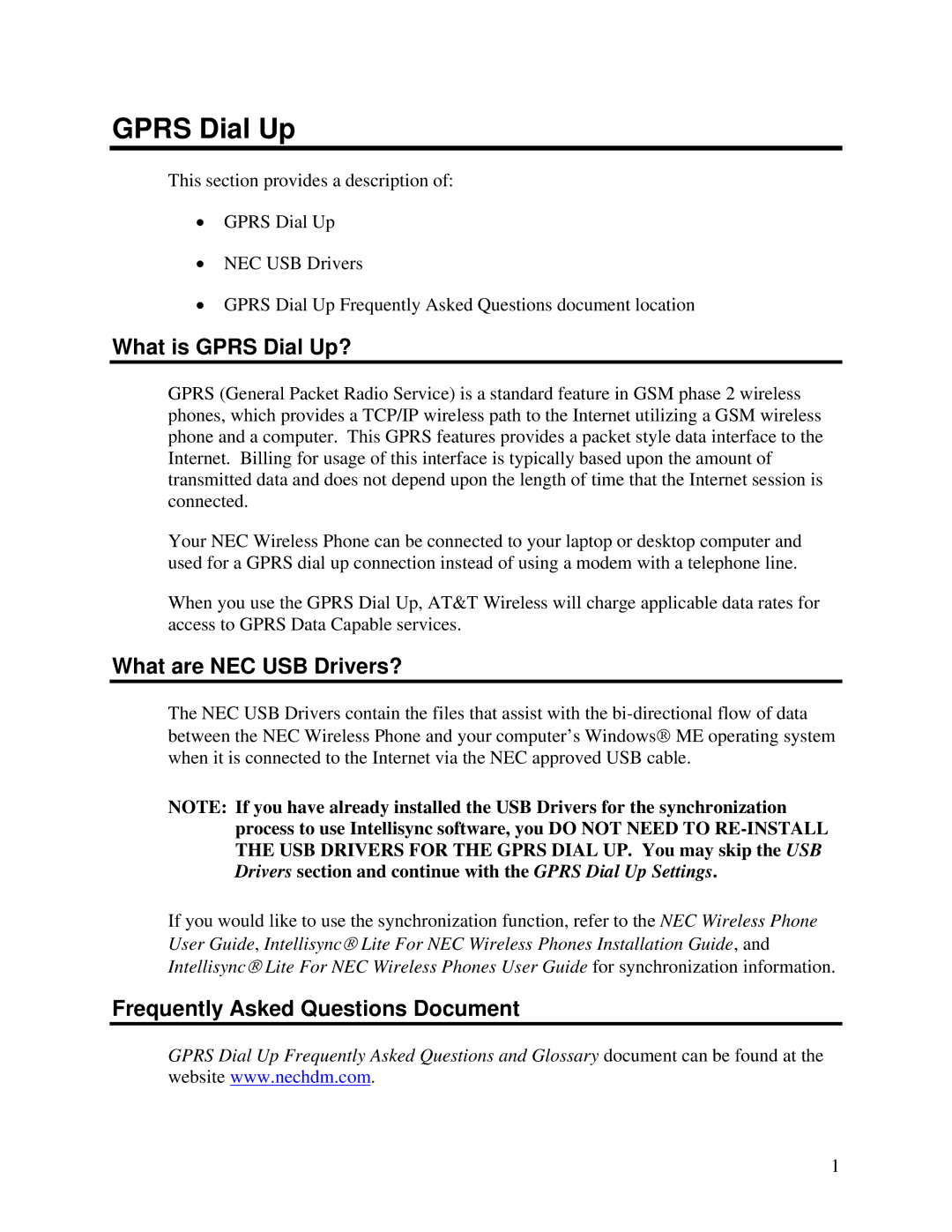 NEC 1.1 manual What is Gprs Dial Up?, What are NEC USB Drivers?, Frequently Asked Questions Document 