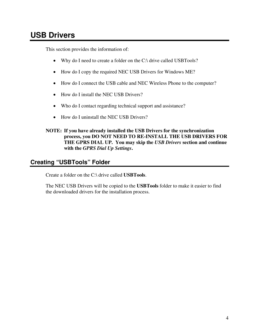 NEC 1.1 manual USB Drivers, Creating USBTools Folder 