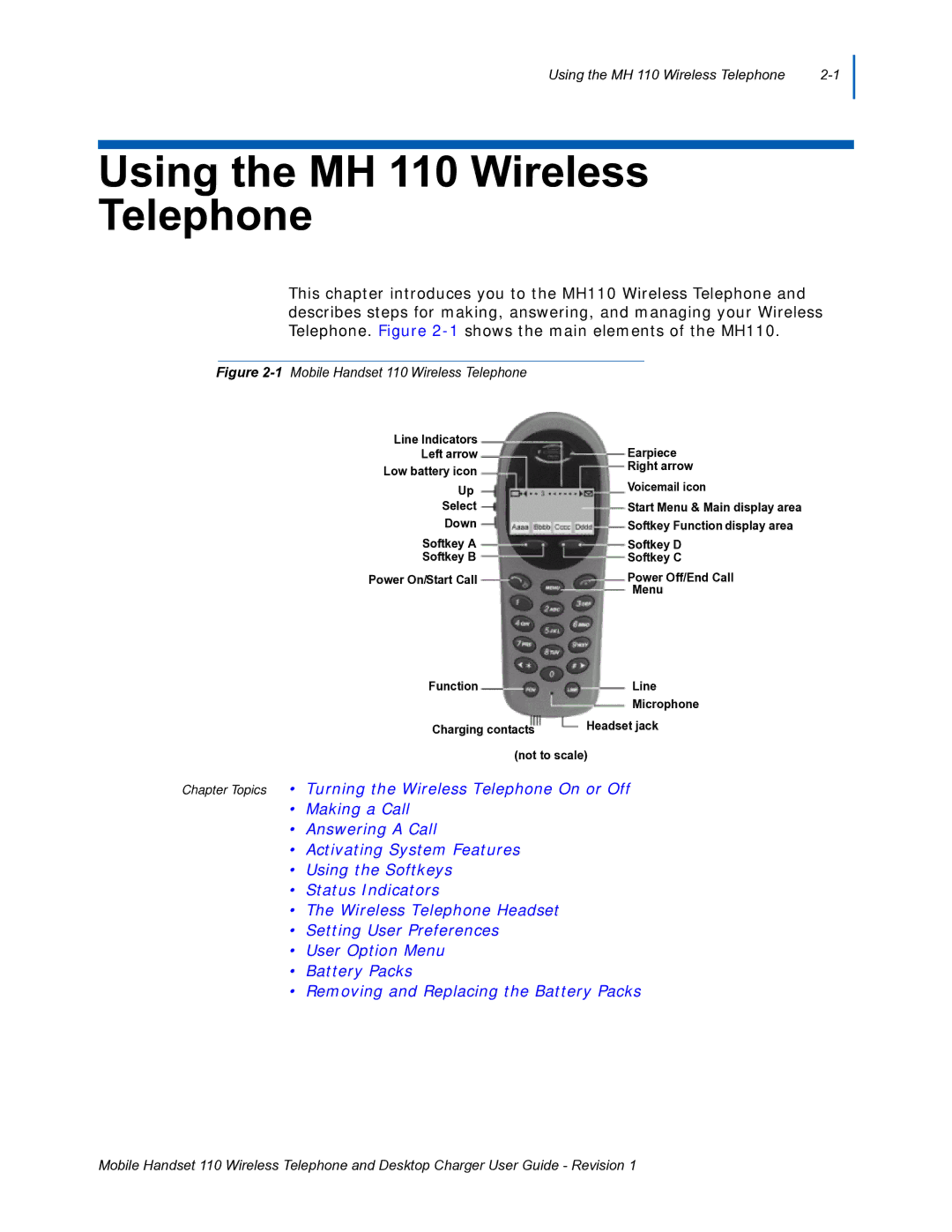 NEC manual Using the MH 110 Wireless Telephone, 1Mobile Handset 110 Wireless Telephone 