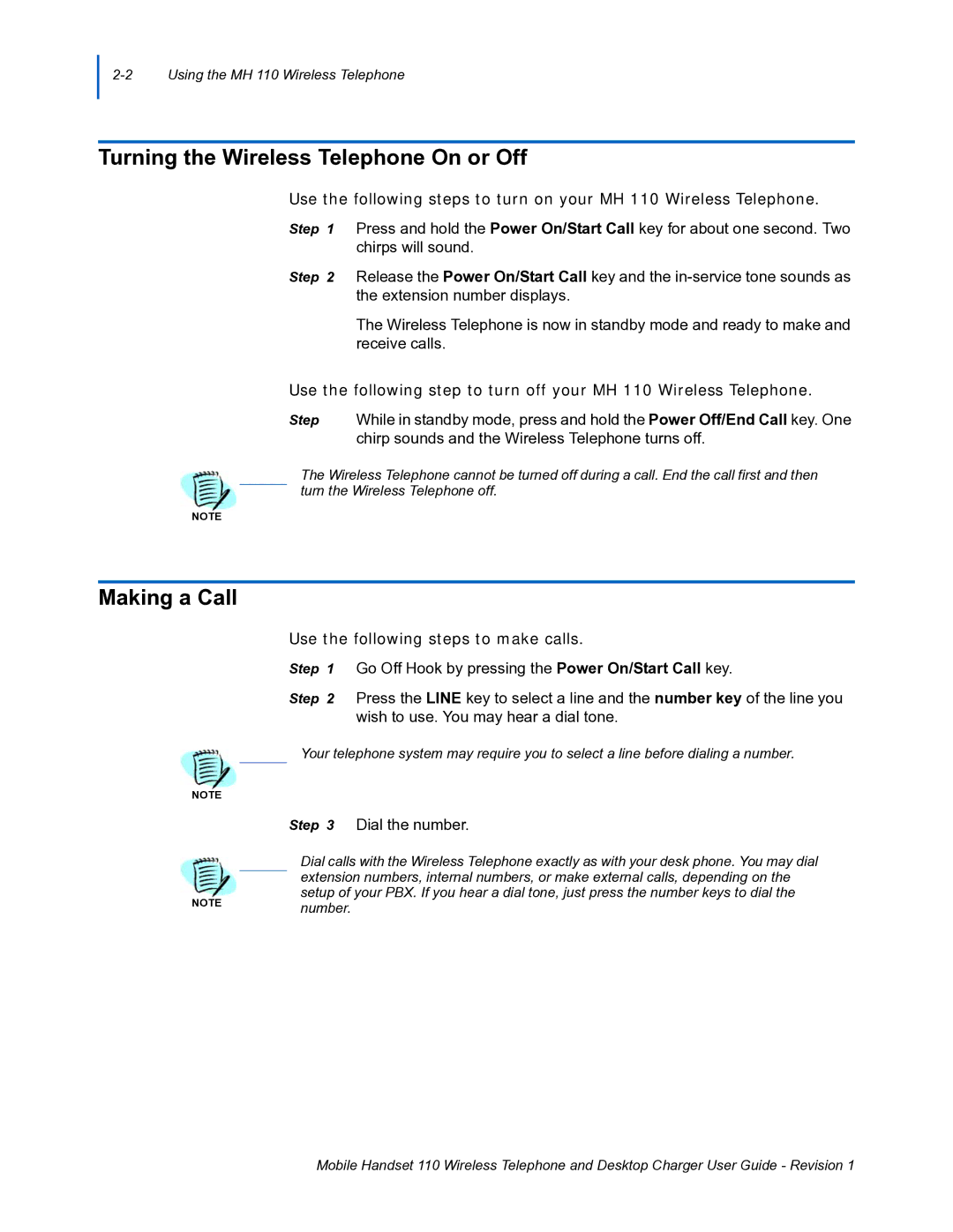 NEC 110 manual Turning the Wireless Telephone On or Off, Making a Call 