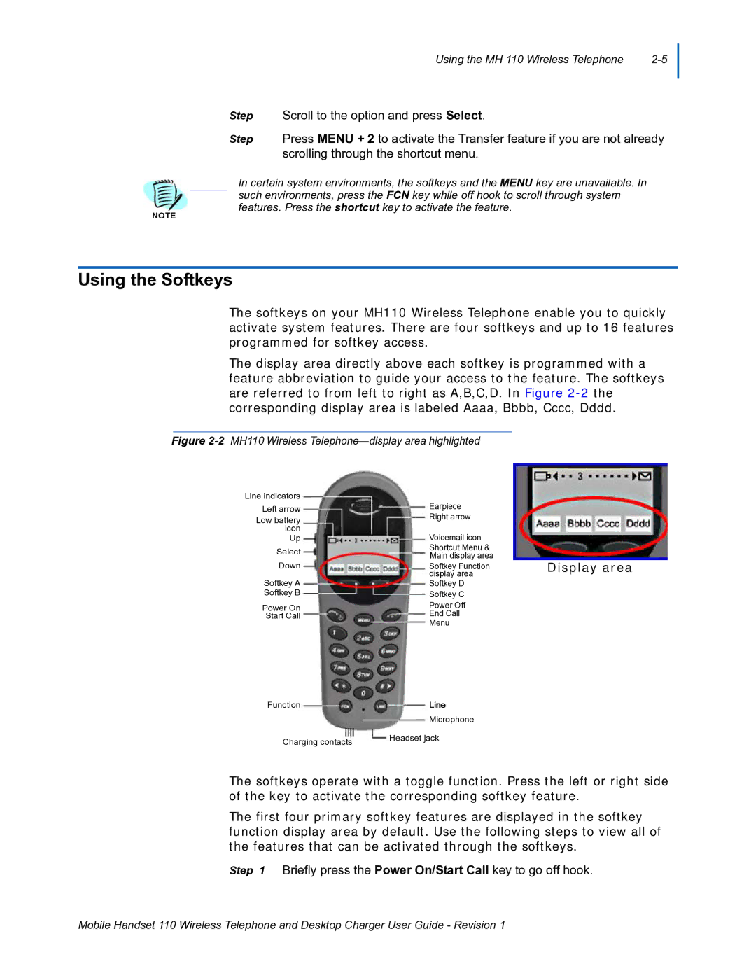 NEC 110 manual Using the Softkeys, Display area 