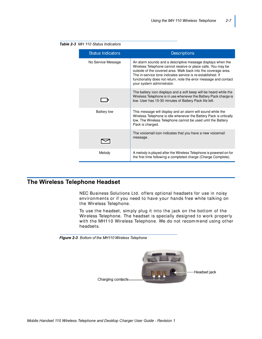 NEC manual Wireless Telephone Headset, 3Bottom of the MH110 Wireless Telephone 