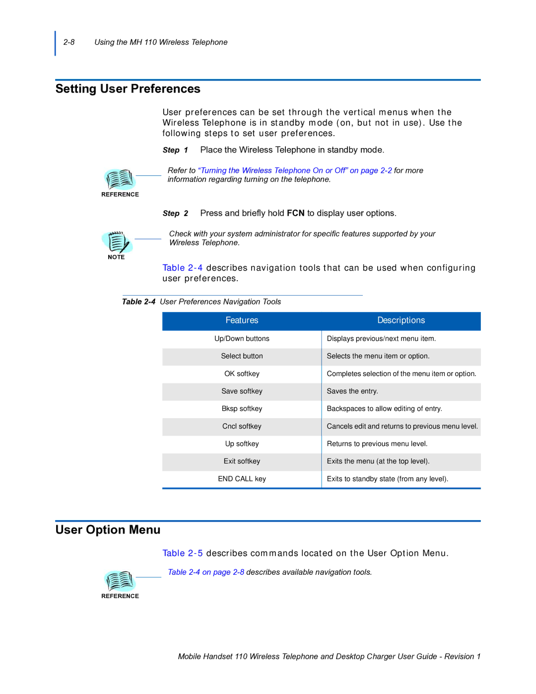 NEC 110 manual Setting User Preferences, User Option Menu 