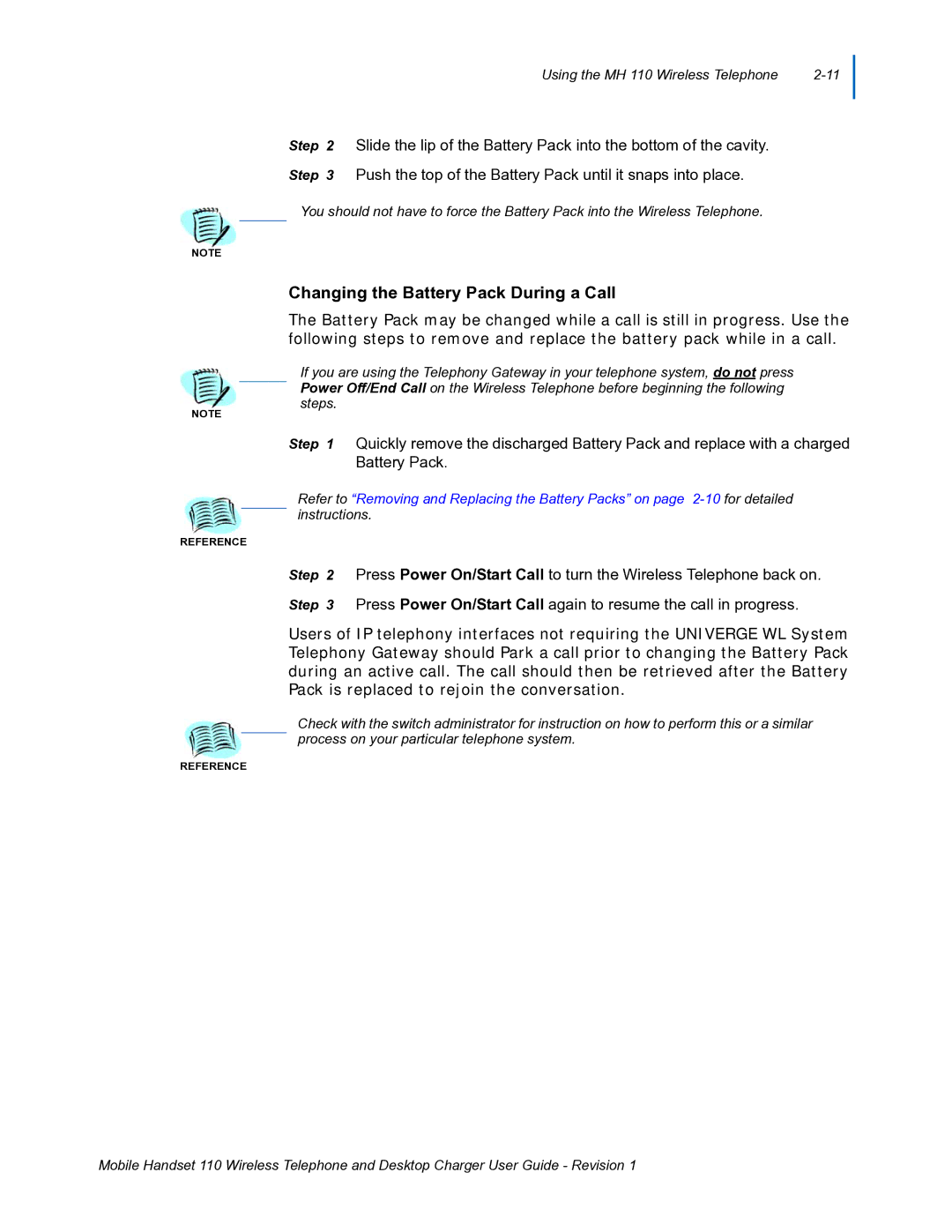 NEC 110 manual Changing the Battery Pack During a Call 