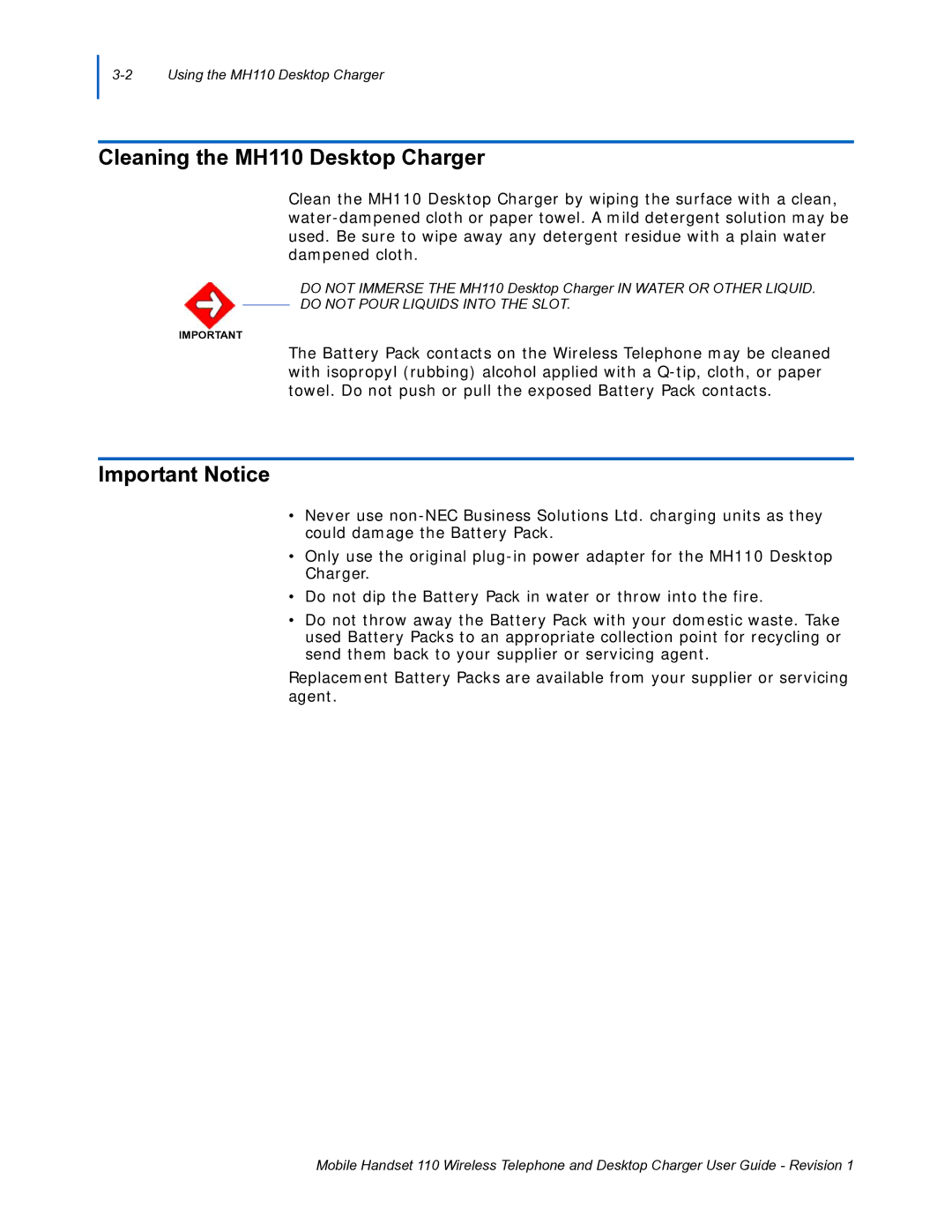 NEC manual Cleaning the MH110 Desktop Charger, Important Notice 