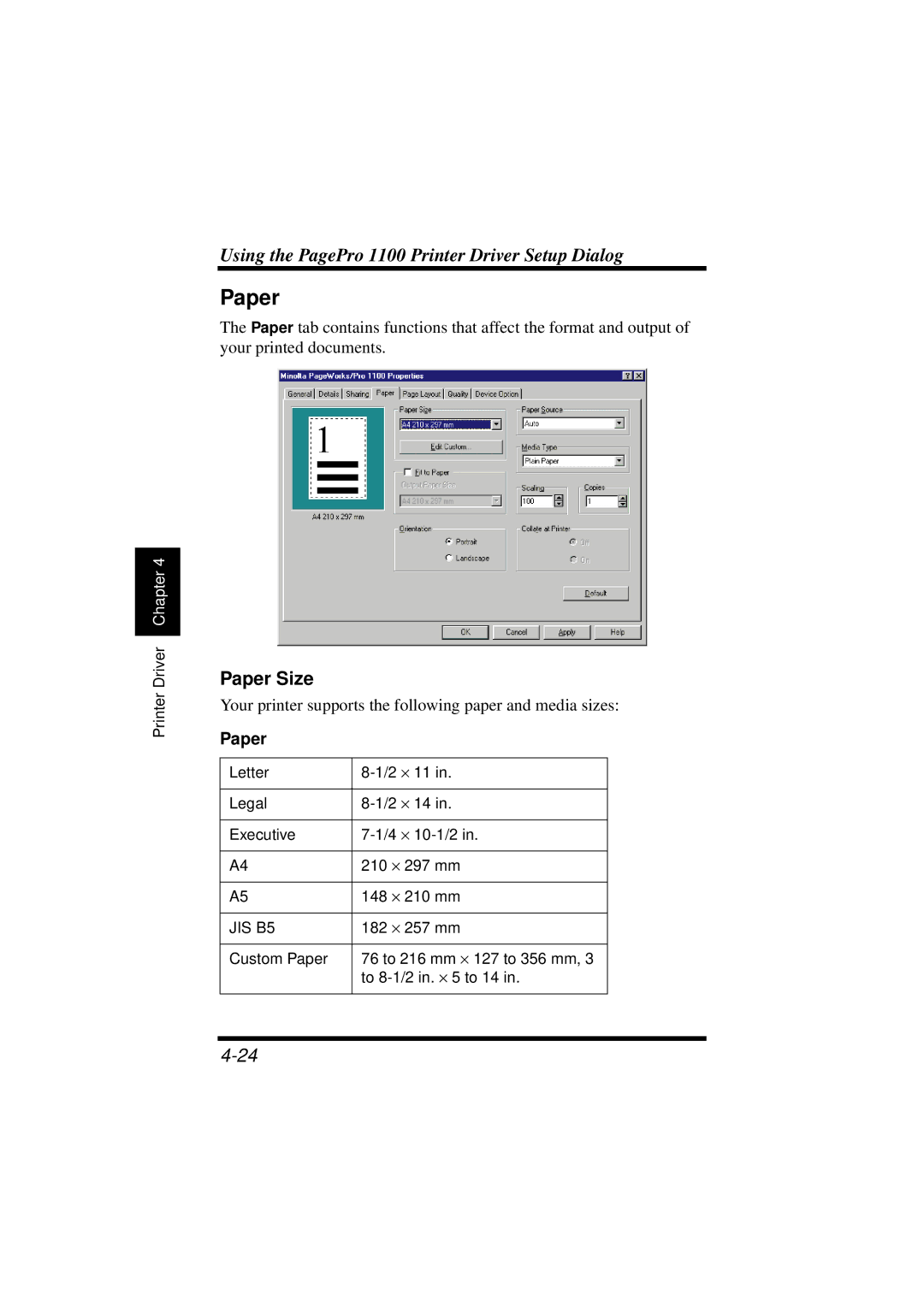 NEC 1100 user manual Paper Size 