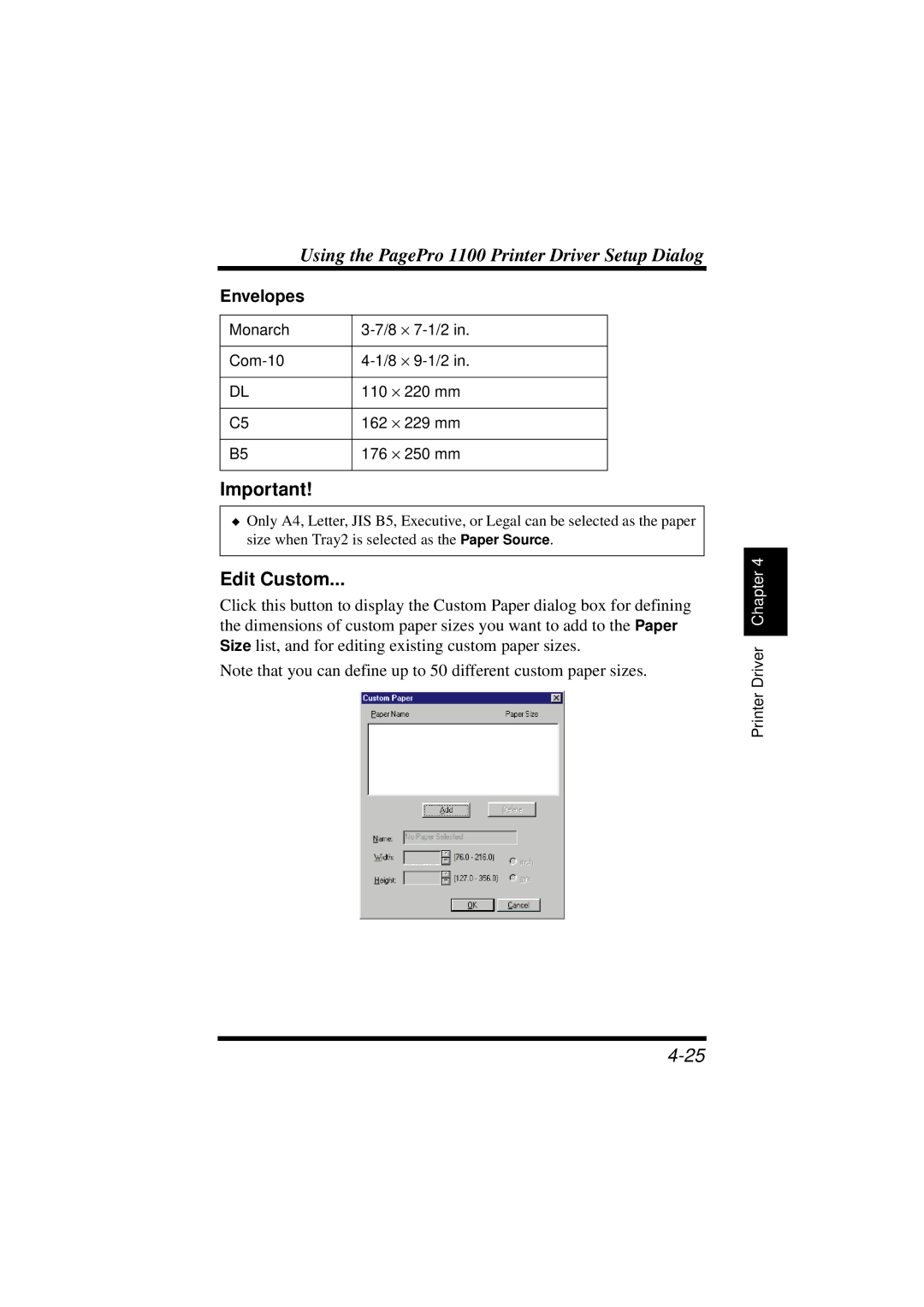 NEC 1100 user manual Edit Custom, Envelopes 