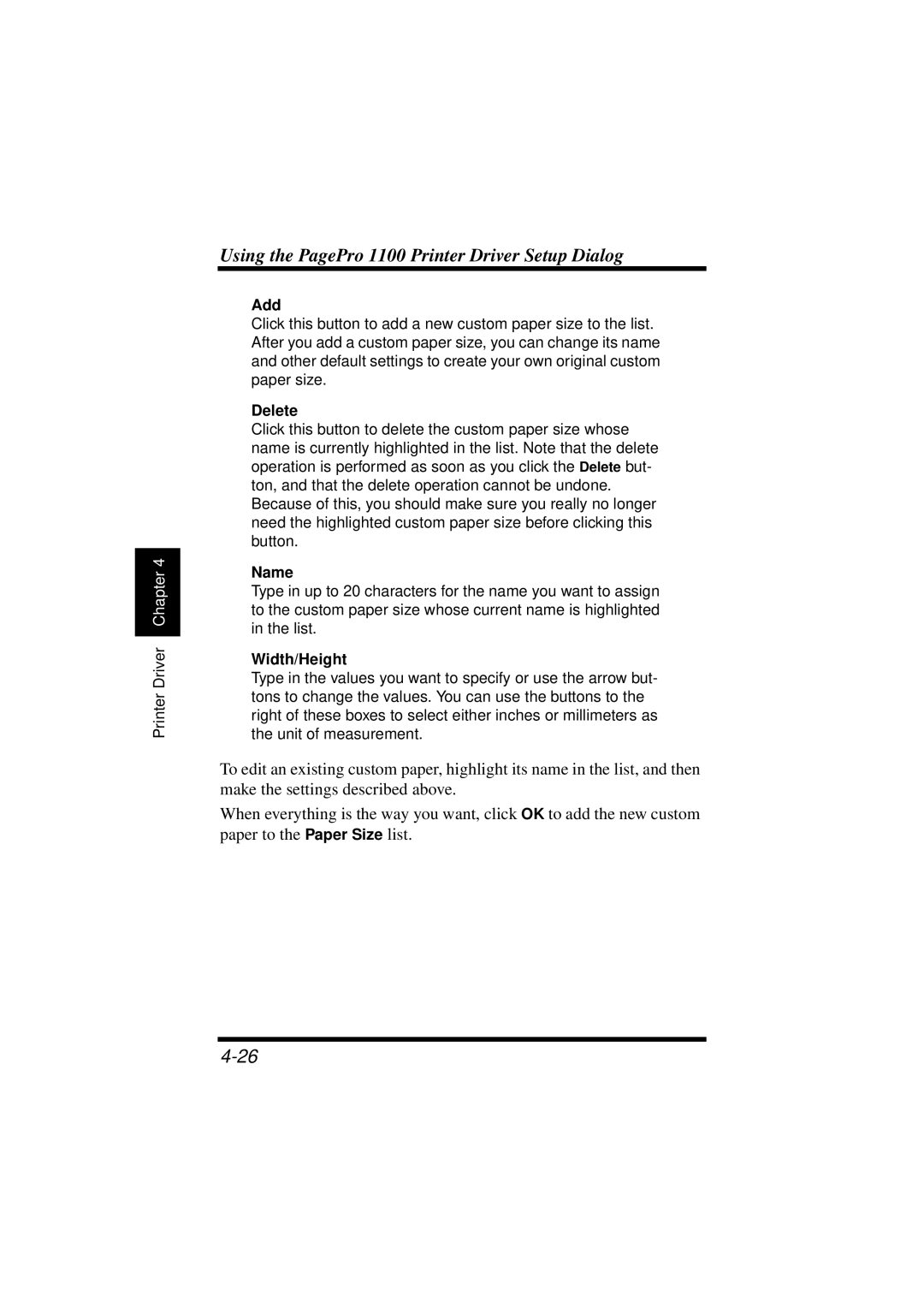 NEC 1100 user manual Add, Delete, Name, Width/Height 