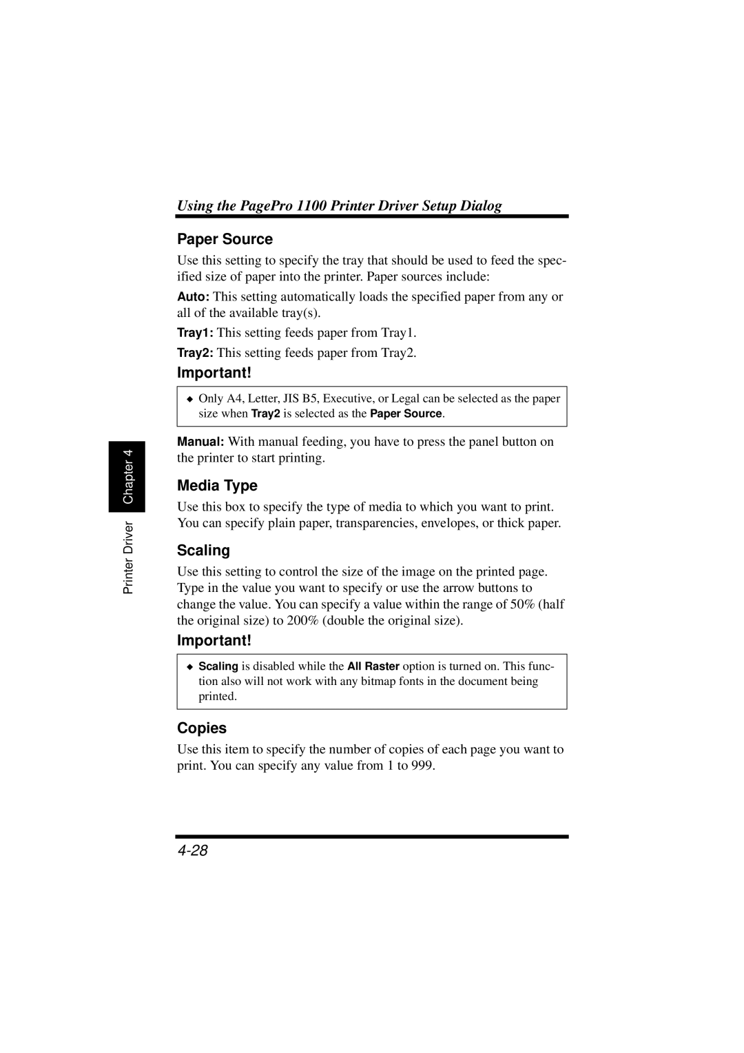 NEC 1100 user manual Paper Source, Media Type, Scaling, Copies 