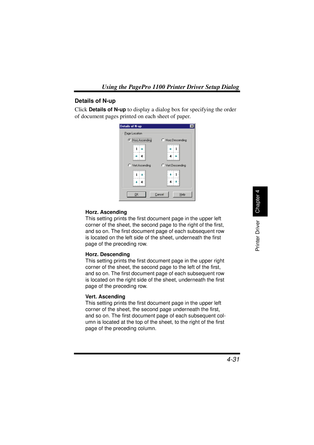 NEC 1100 user manual Details of N-up, Horz. Ascending, Horz. Descending, Vert. Ascending 