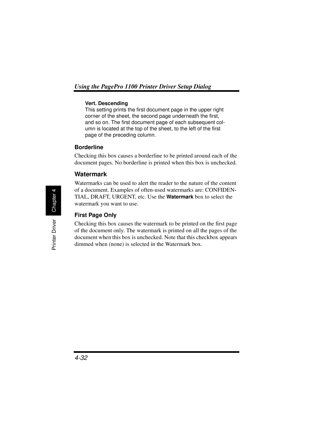 NEC 1100 user manual Watermark, Borderline, First Page Only, Vert. Descending 