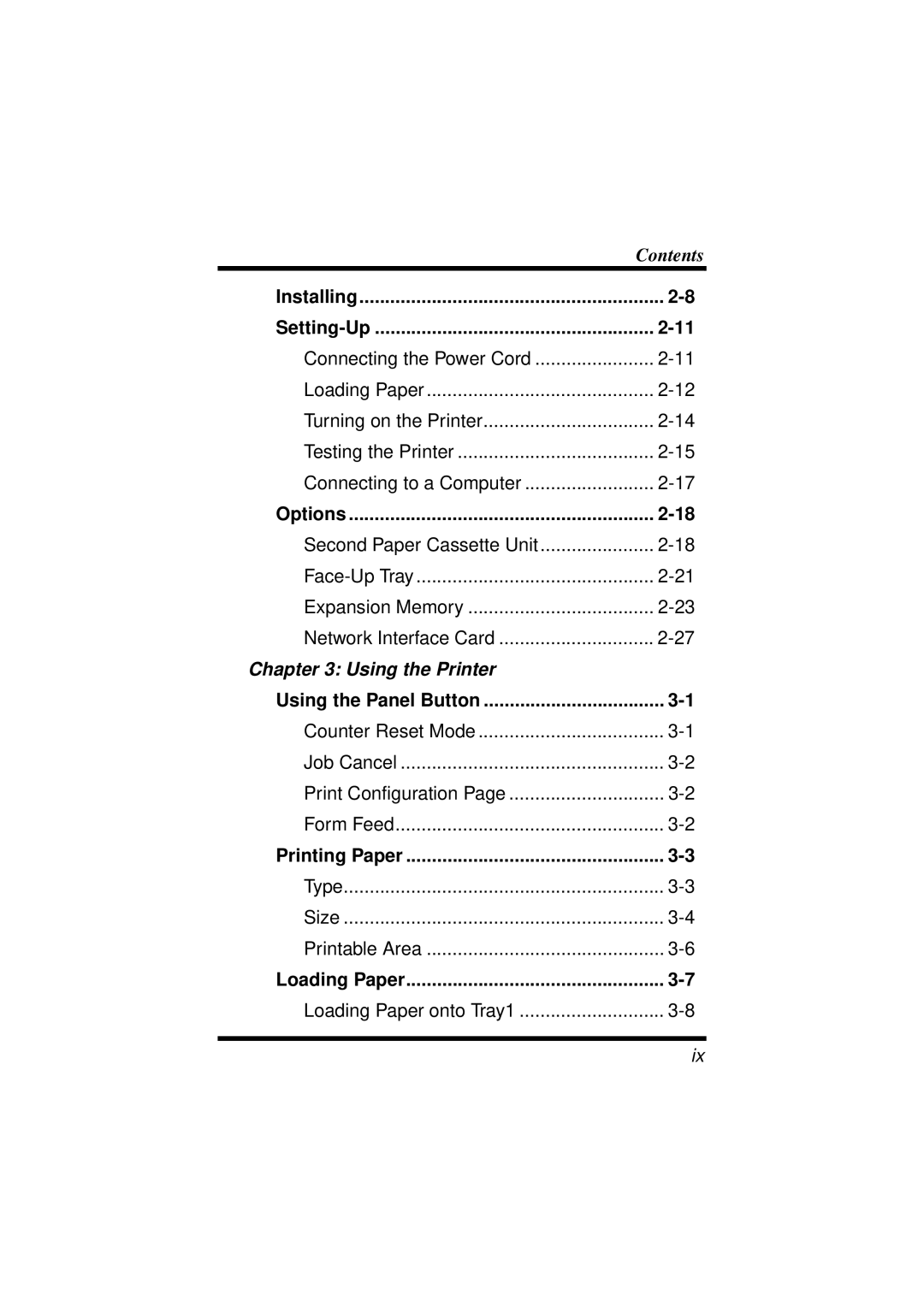 NEC 1100 user manual Installing Setting-Up, Options, Using the Panel Button, Printing Paper, Loading Paper 