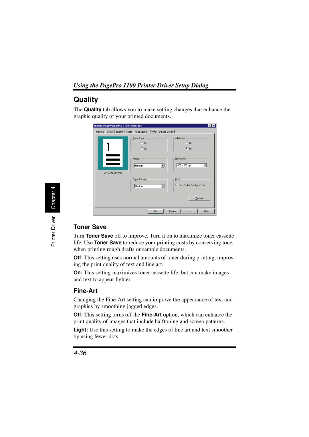 NEC 1100 user manual Quality, Toner Save, Fine-Art 