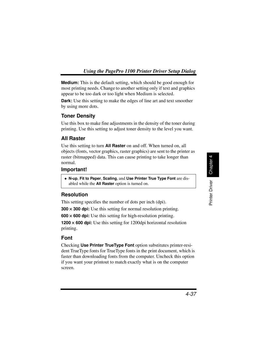 NEC 1100 user manual Toner Density, All Raster, Resolution, Font 