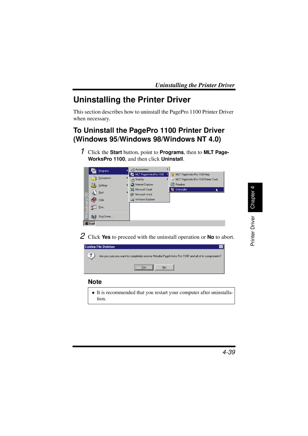 NEC 1100 user manual Uninstalling the Printer Driver 