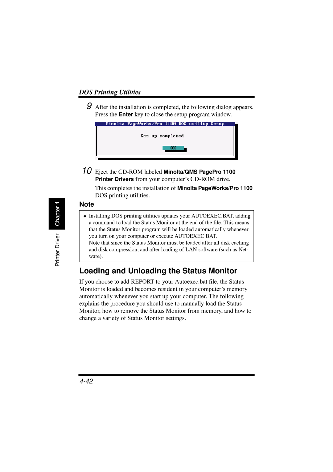 NEC 1100 user manual Loading and Unloading the Status Monitor 