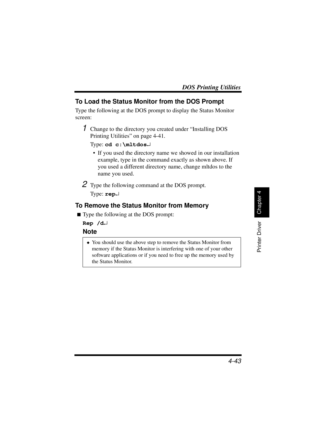 NEC 1100 user manual To Load the Status Monitor from the DOS Prompt, To Remove the Status Monitor from Memory 