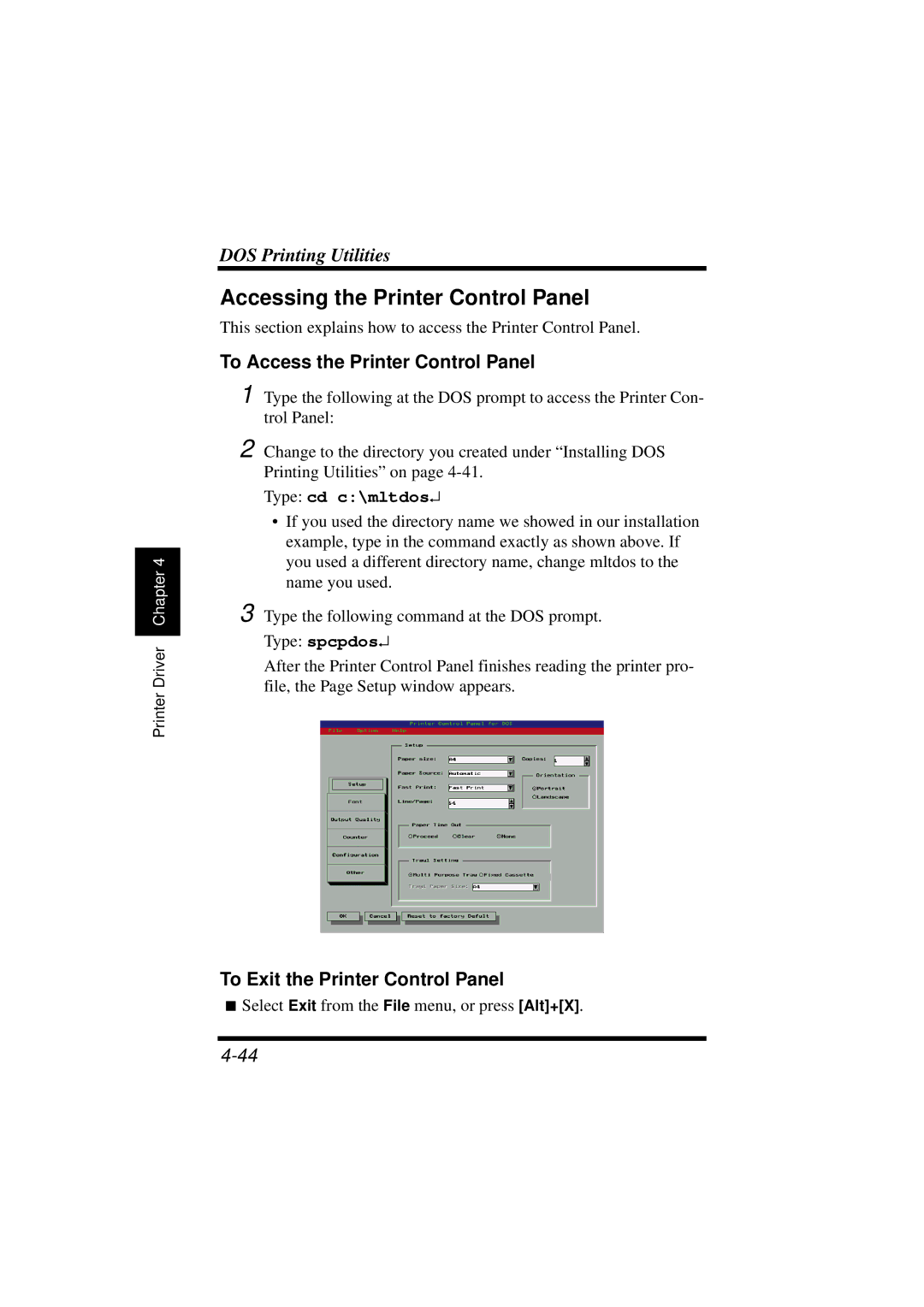 NEC 1100 Accessing the Printer Control Panel, To Access the Printer Control Panel, To Exit the Printer Control Panel 