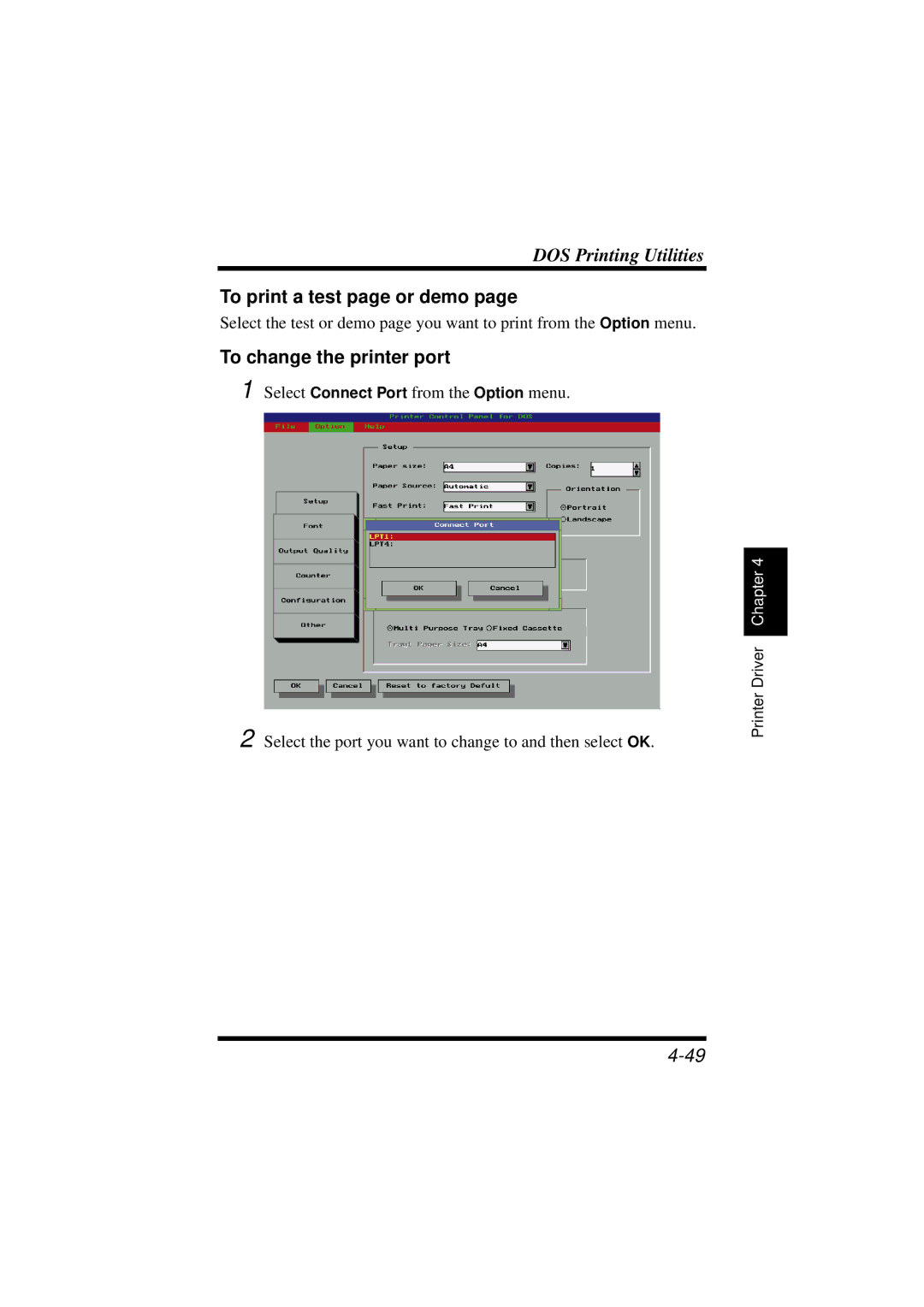 NEC 1100 user manual To print a test page or demo, To change the printer port 