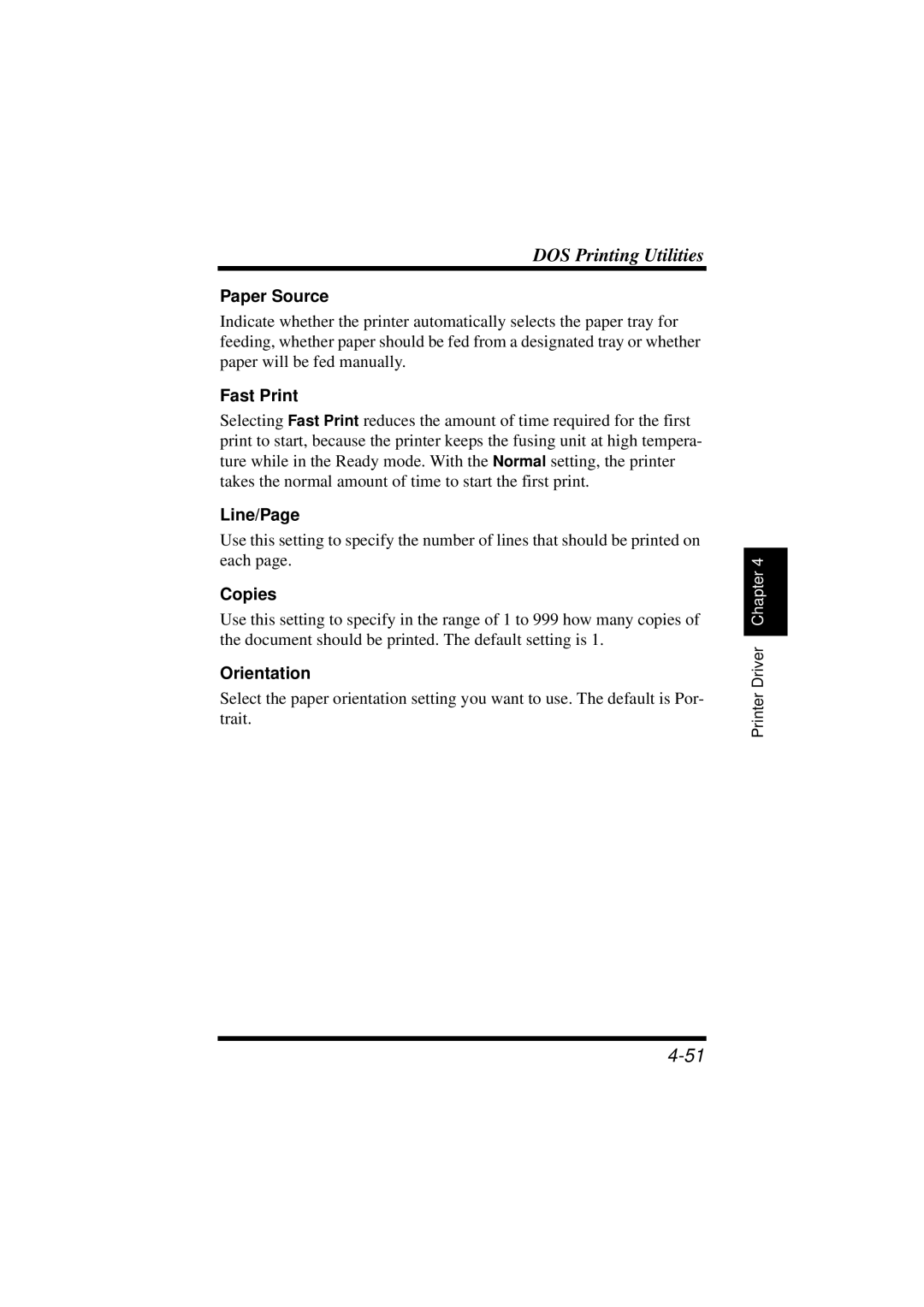 NEC 1100 user manual Paper Source, Fast Print, Line/Page, Copies, Orientation 