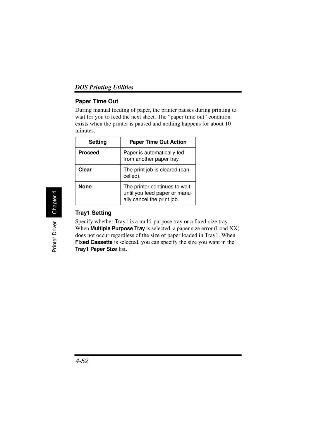 NEC 1100 user manual Tray1 Setting, Setting Paper Time Out Action Proceed, Clear, None 