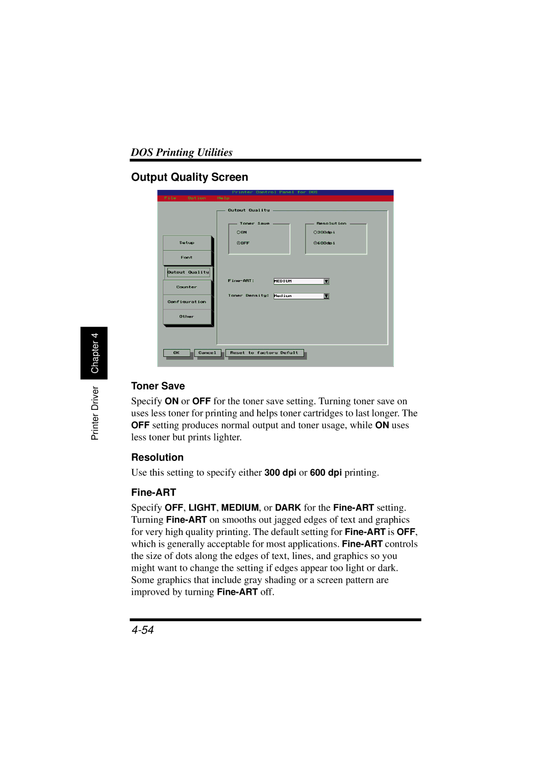 NEC 1100 user manual Output Quality Screen, Toner Save, Resolution, Fine-ART 