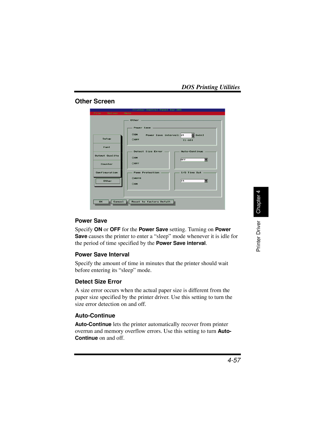 NEC 1100 user manual Other Screen, Power Save Interval, Detect Size Error, Auto-Continue 