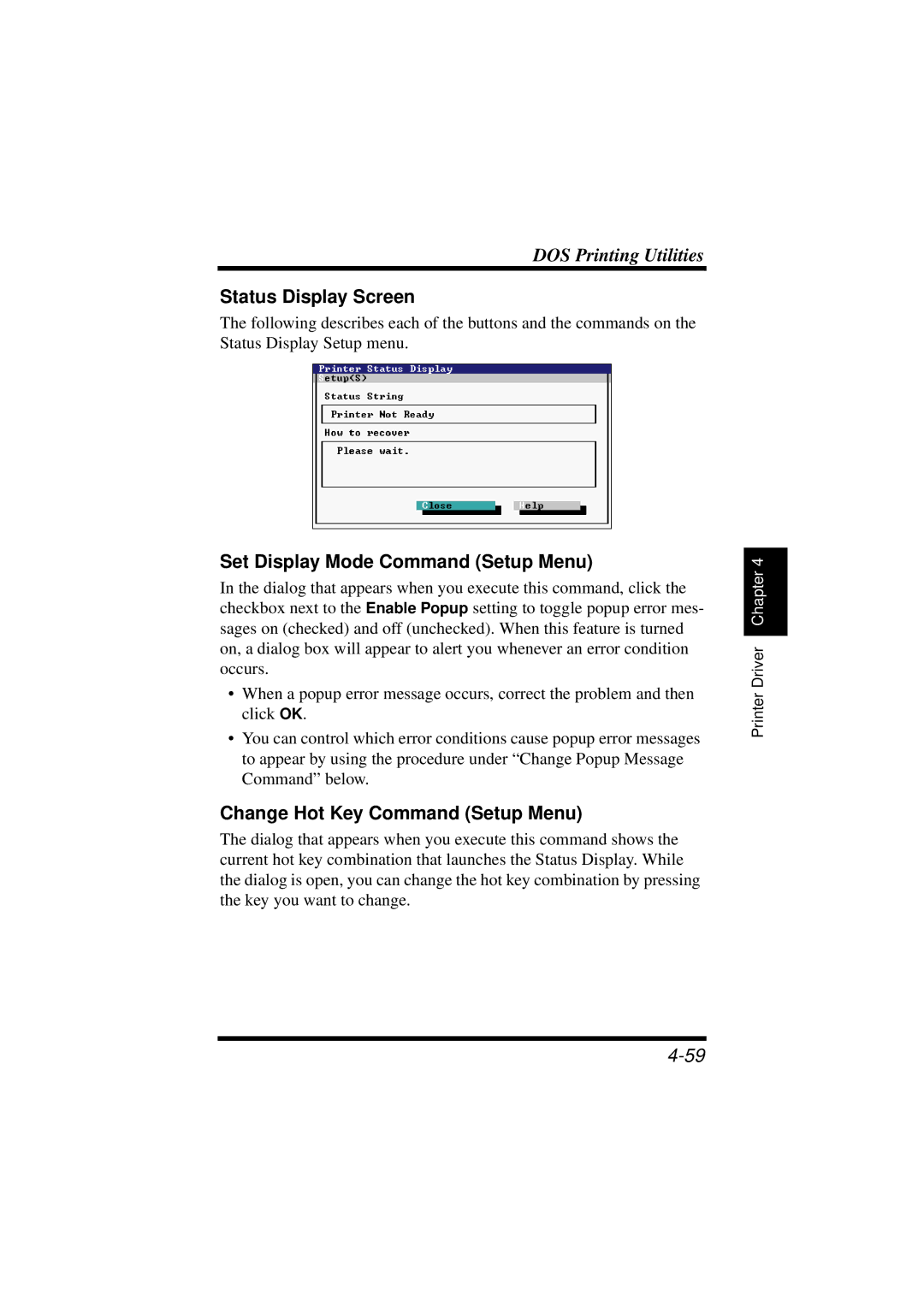 NEC 1100 user manual Status Display Screen, Set Display Mode Command Setup Menu, Change Hot Key Command Setup Menu 