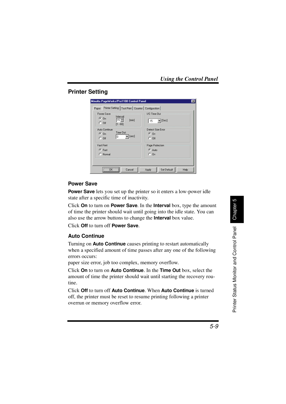 NEC 1100 user manual Printer Setting, Auto Continue 