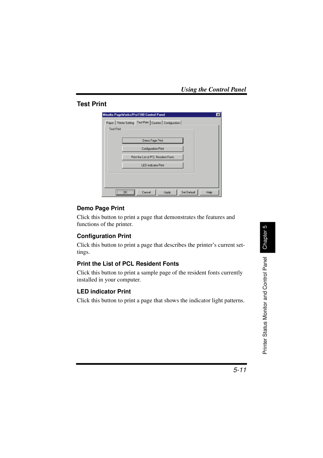 NEC 1100 Test Print, Demo Page Print, Configuration Print, Print the List of PCL Resident Fonts, LED indicator Print 