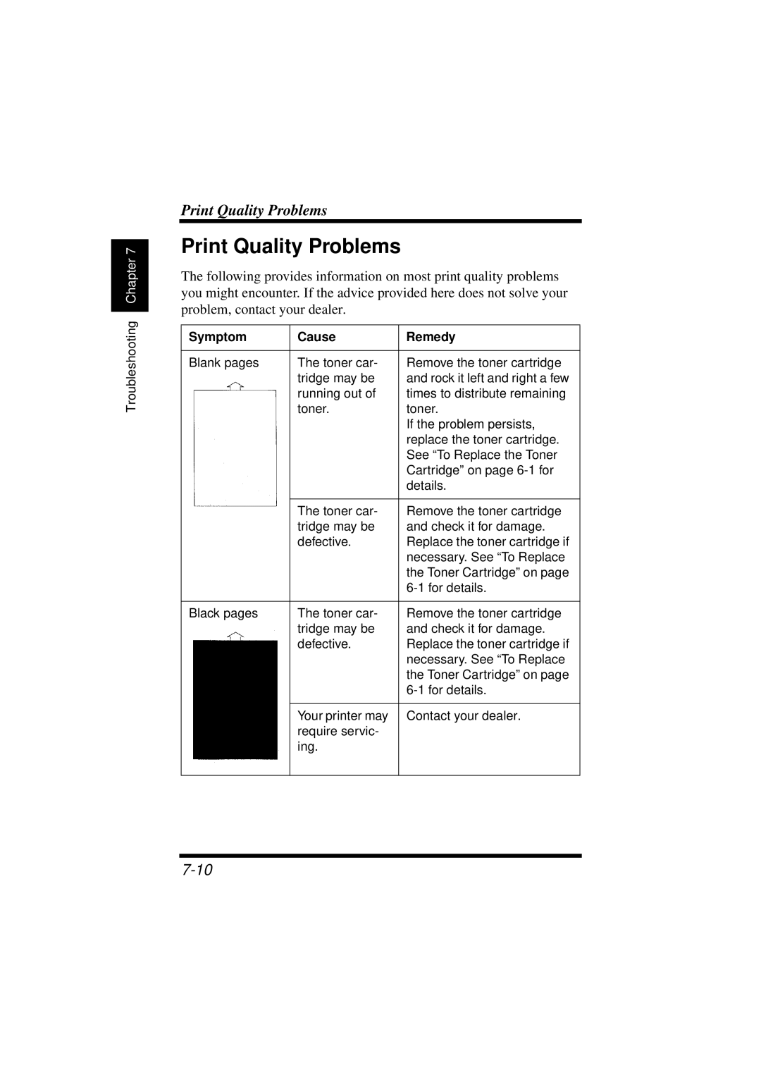 NEC 1100 user manual Print Quality Problems, Symptom Cause Remedy 