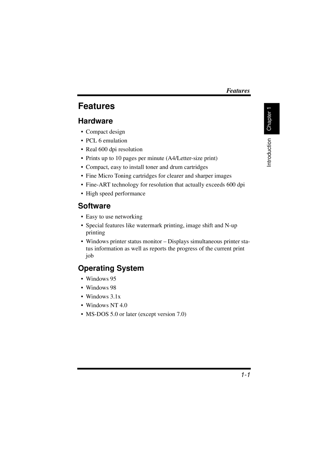 NEC 1100 user manual Features, Hardware, Software, Operating System 