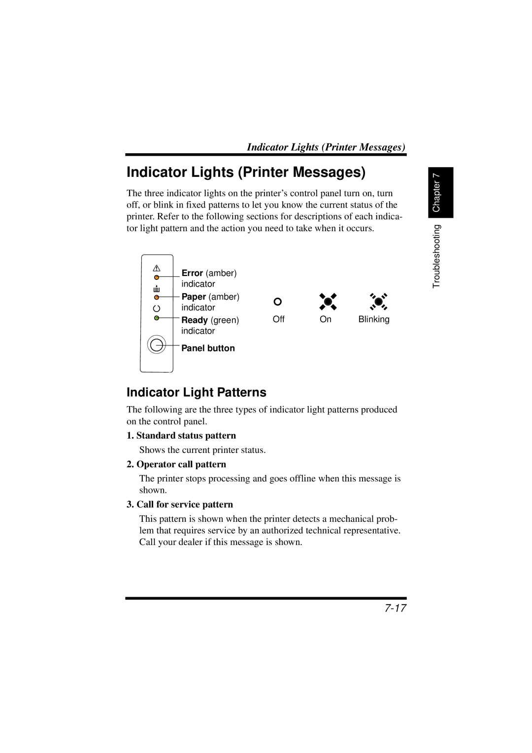 NEC 1100 user manual Indicator Lights Printer Messages, Indicator Light Patterns 