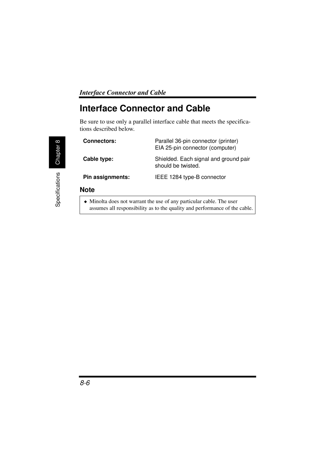 NEC 1100 user manual Interface Connector and Cable, Connectors, Cable type, Pin assignments 