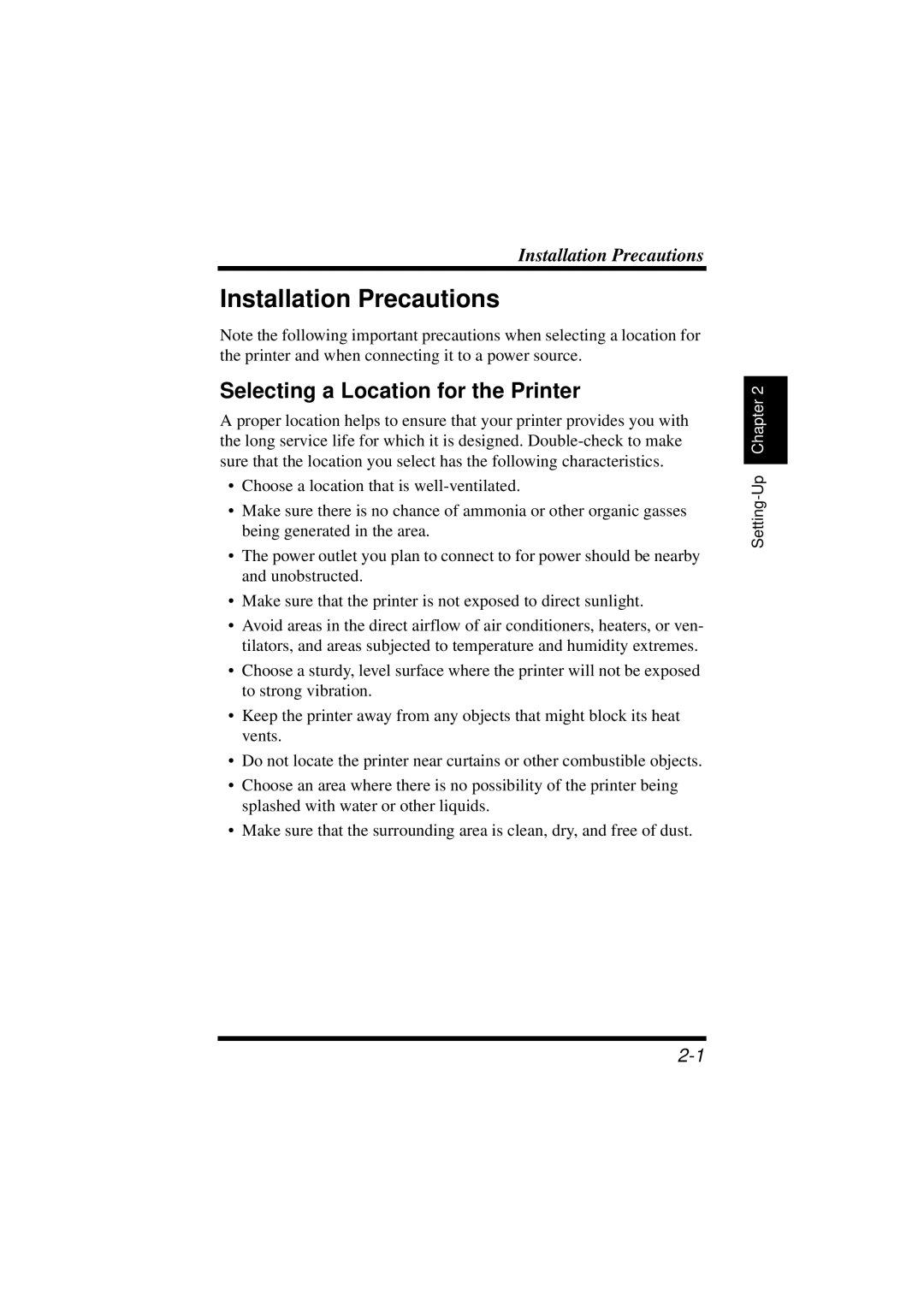 NEC 1100 user manual Installation Precautions, Selecting a Location for the Printer 