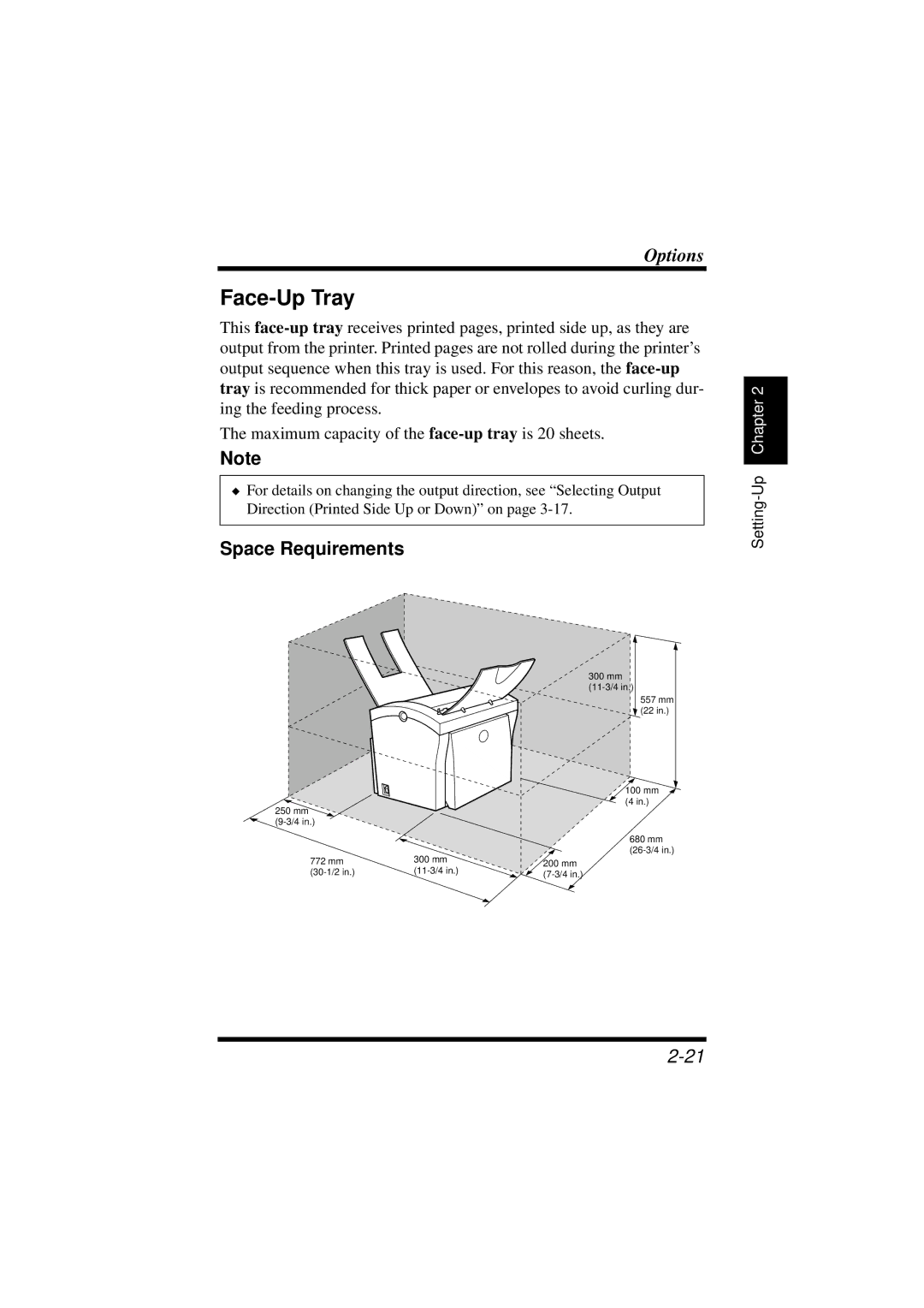 NEC 1100 user manual Face-Up Tray, Space Requirements 