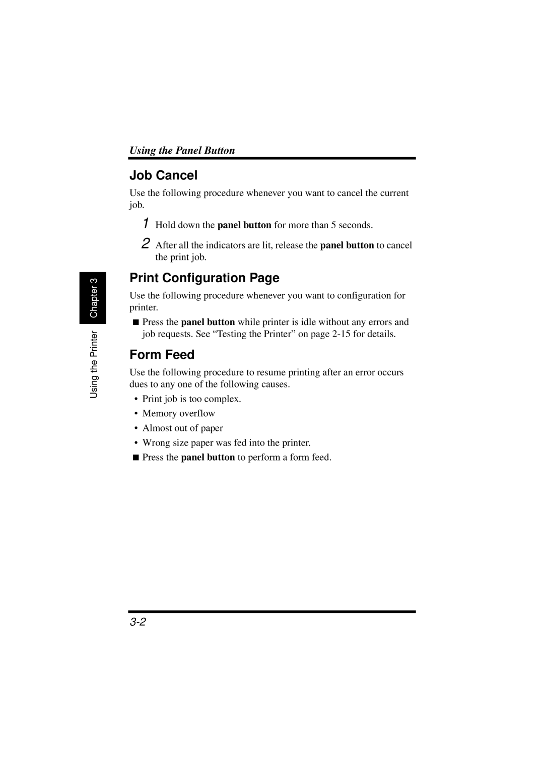 NEC 1100 user manual Job Cancel, Print Configuration, Form Feed 