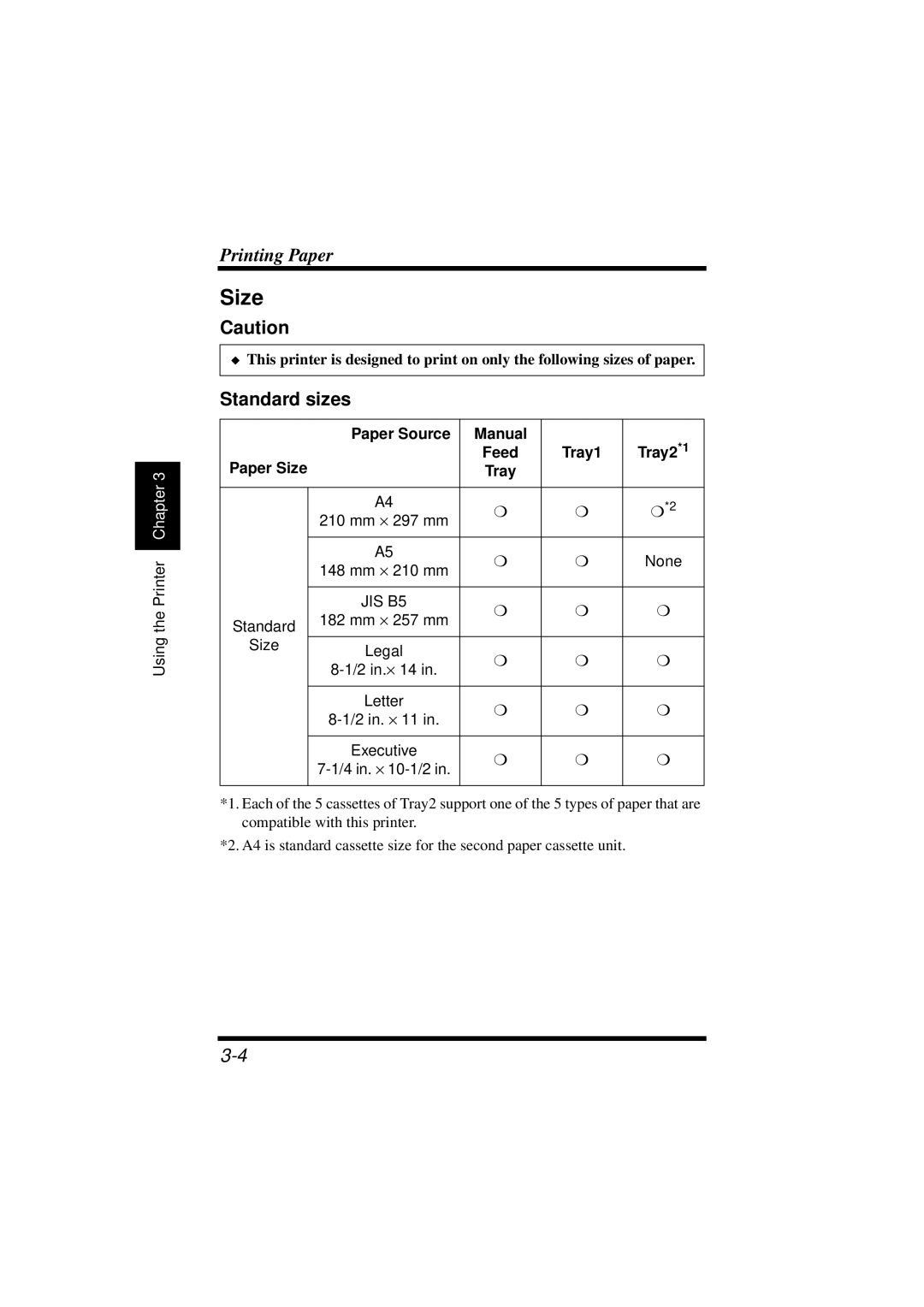 NEC 1100 user manual Size, Standard sizes, Paper Source Manual Tray2*1 