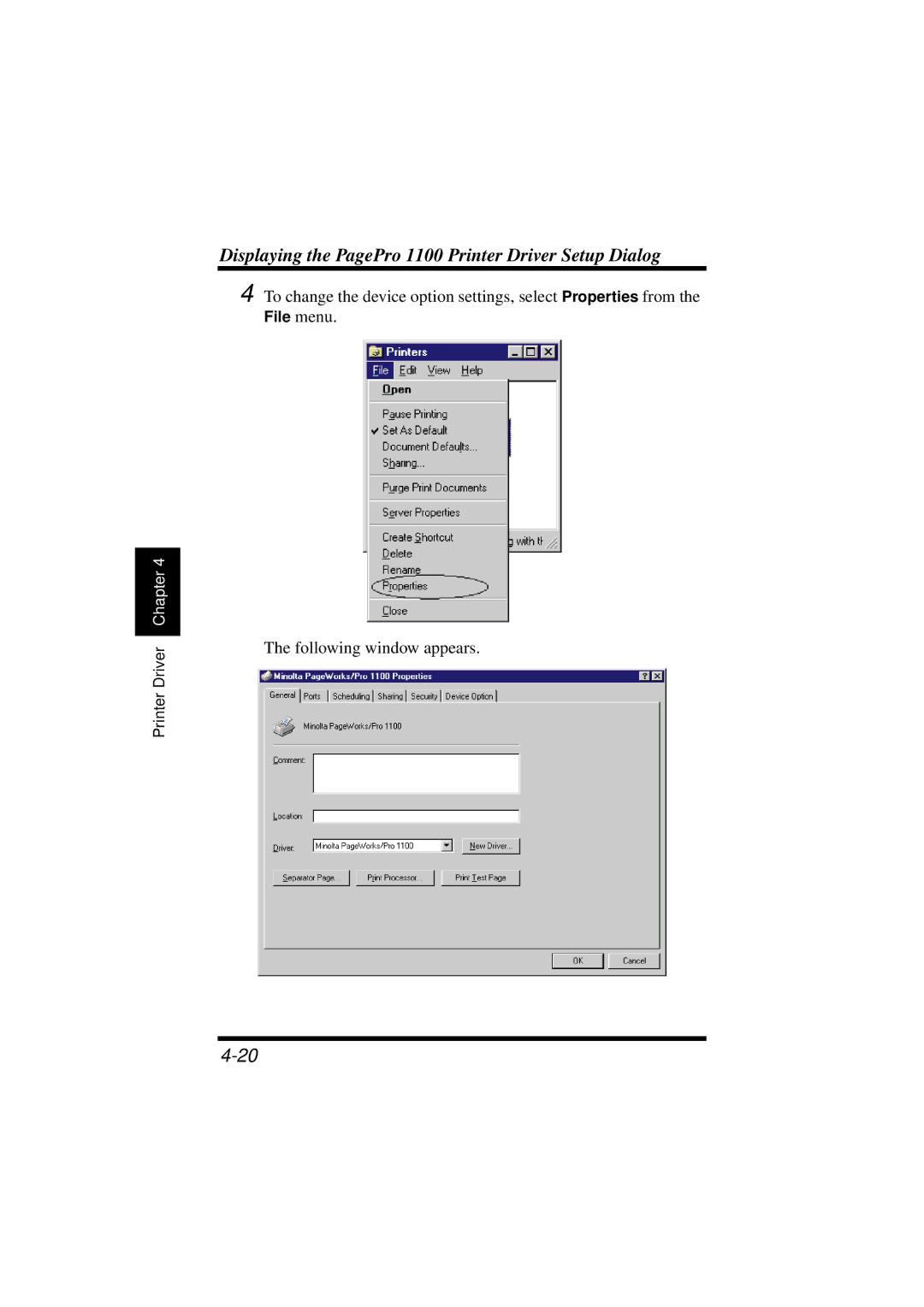 NEC user manual Displaying the PagePro 1100 Printer Driver Setup Dialog 