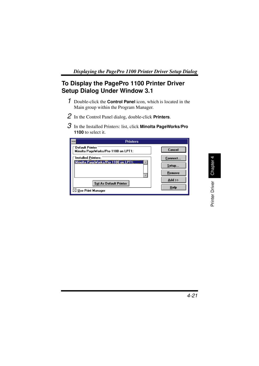 NEC user manual Displaying the PagePro 1100 Printer Driver Setup Dialog 