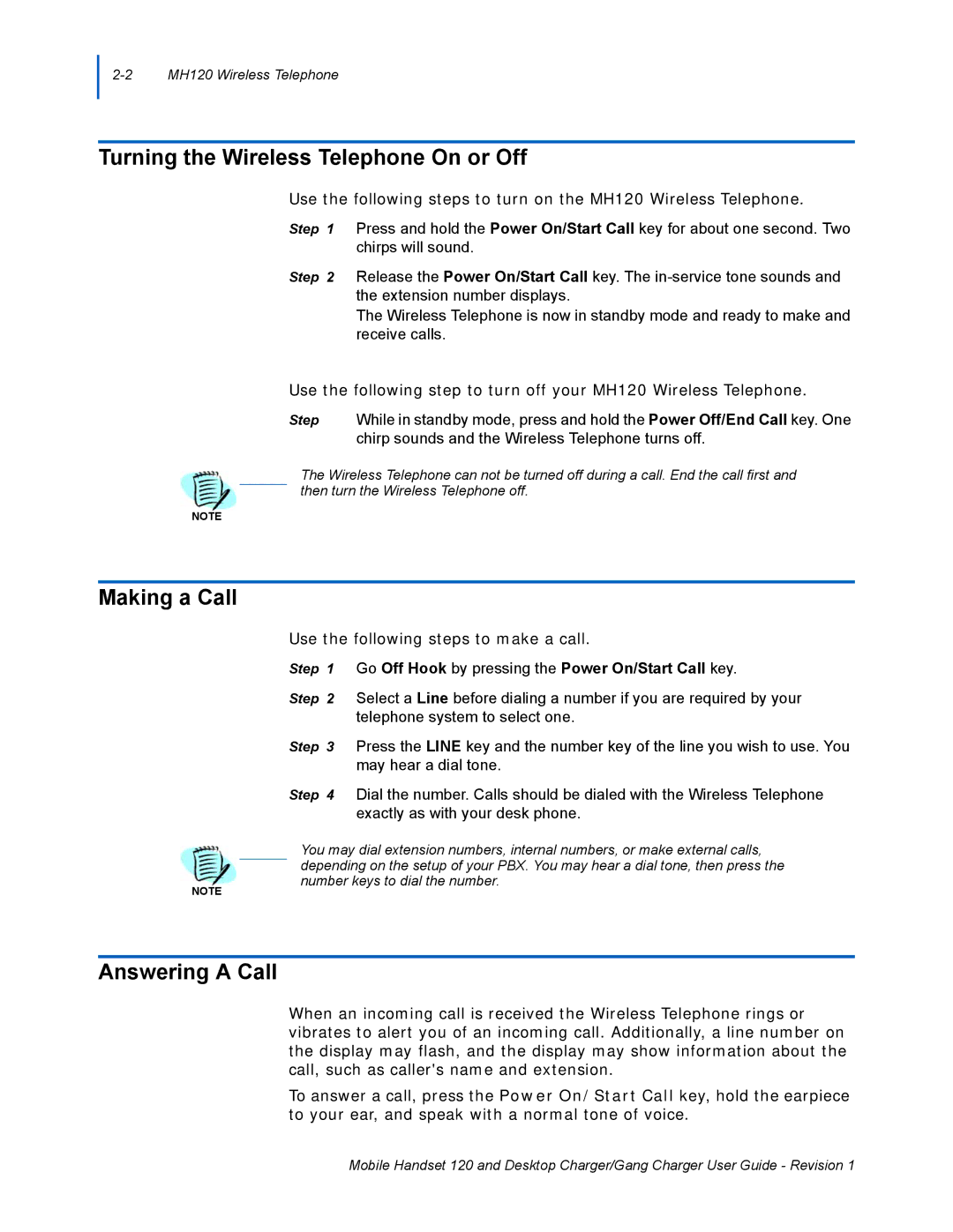 NEC 120 manual Turning the Wireless Telephone On or Off, Making a Call, Answering a Call 