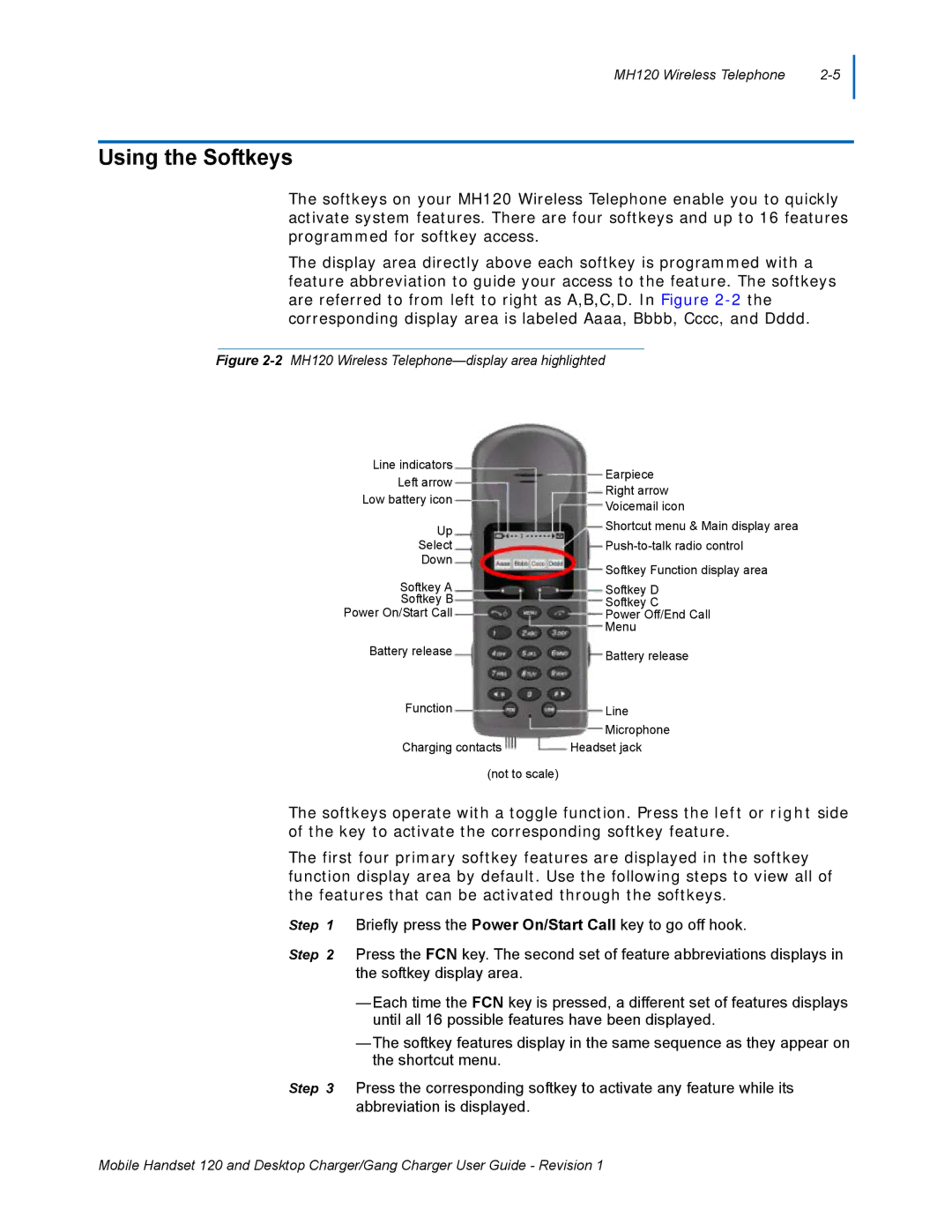 NEC manual Using the Softkeys, 2MH120 Wireless Telephone-display area highlighted 