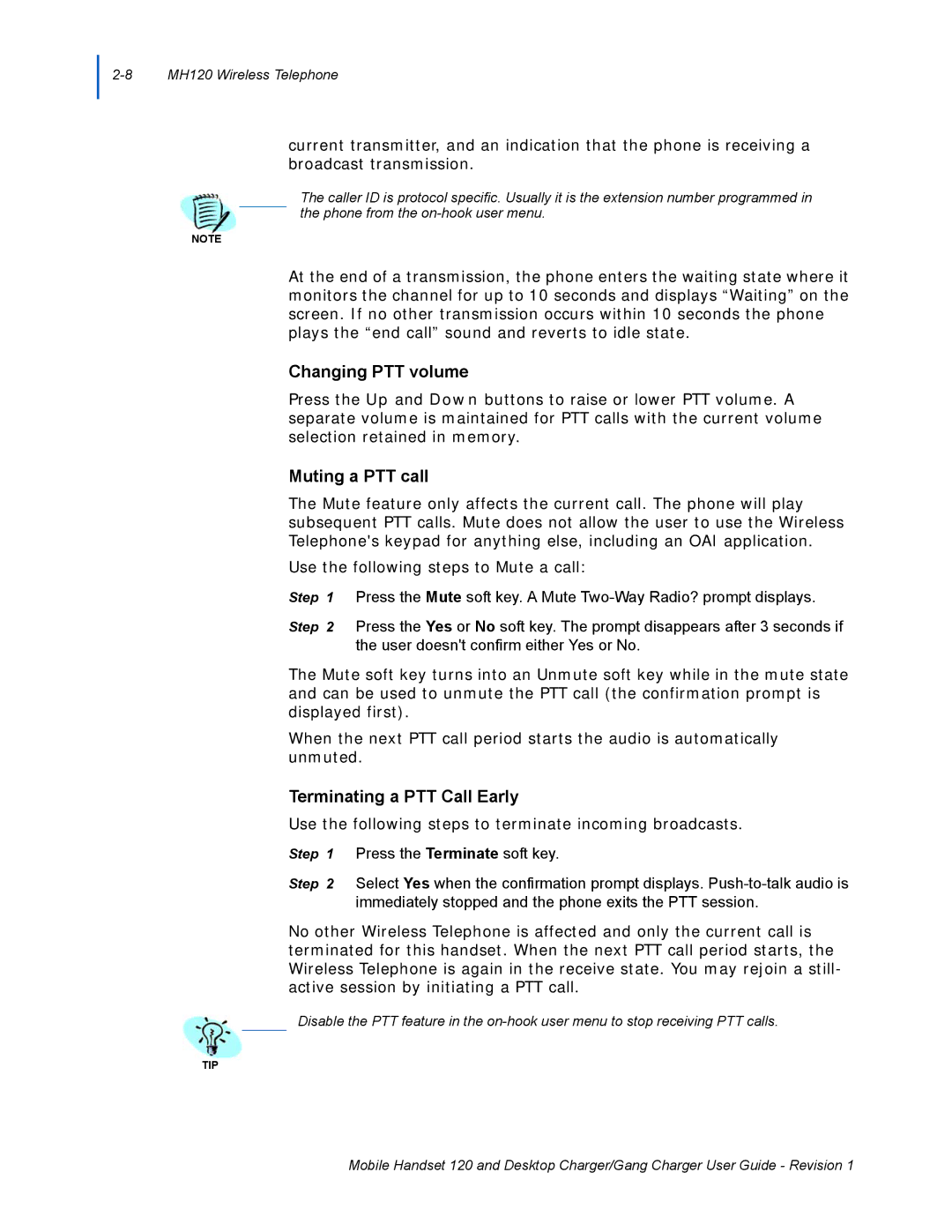 NEC 120 manual Changing PTT volume, Muting a PTT call, Terminating a PTT Call Early 