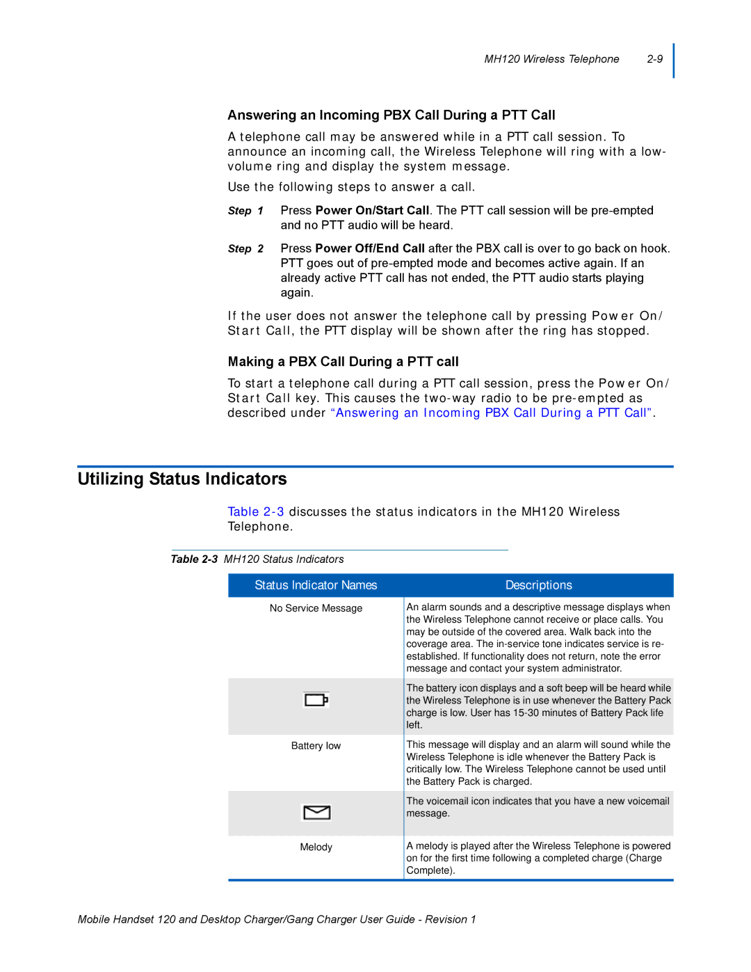 NEC 120 Utilizing Status Indicators, Answering an Incoming PBX Call During a PTT Call, Making a PBX Call During a PTT call 