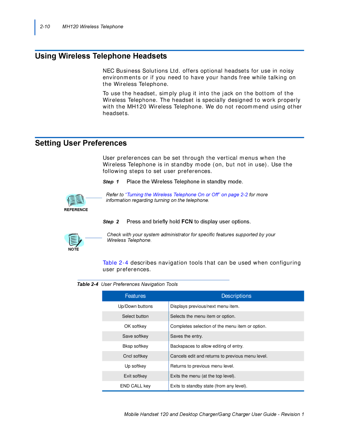 NEC 120 manual Using Wireless Telephone Headsets, Setting User Preferences 