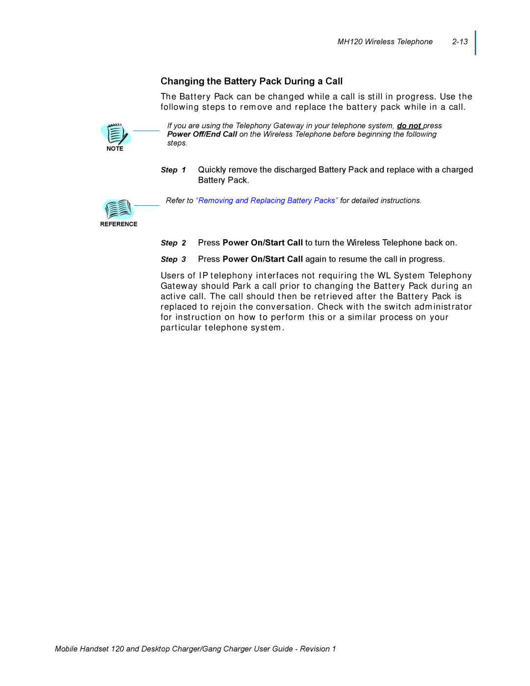 NEC 120 manual Changing the Battery Pack During a Call 