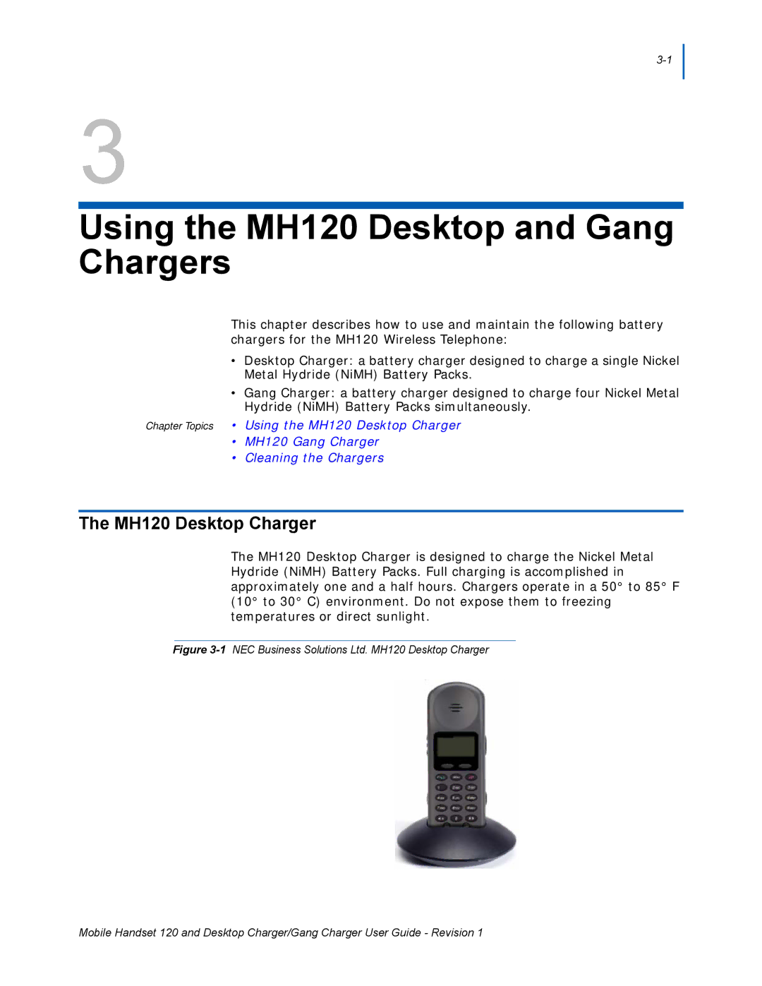 NEC manual Using the MH120 Desktop and Gang Chargers, MH120 Desktop Charger 