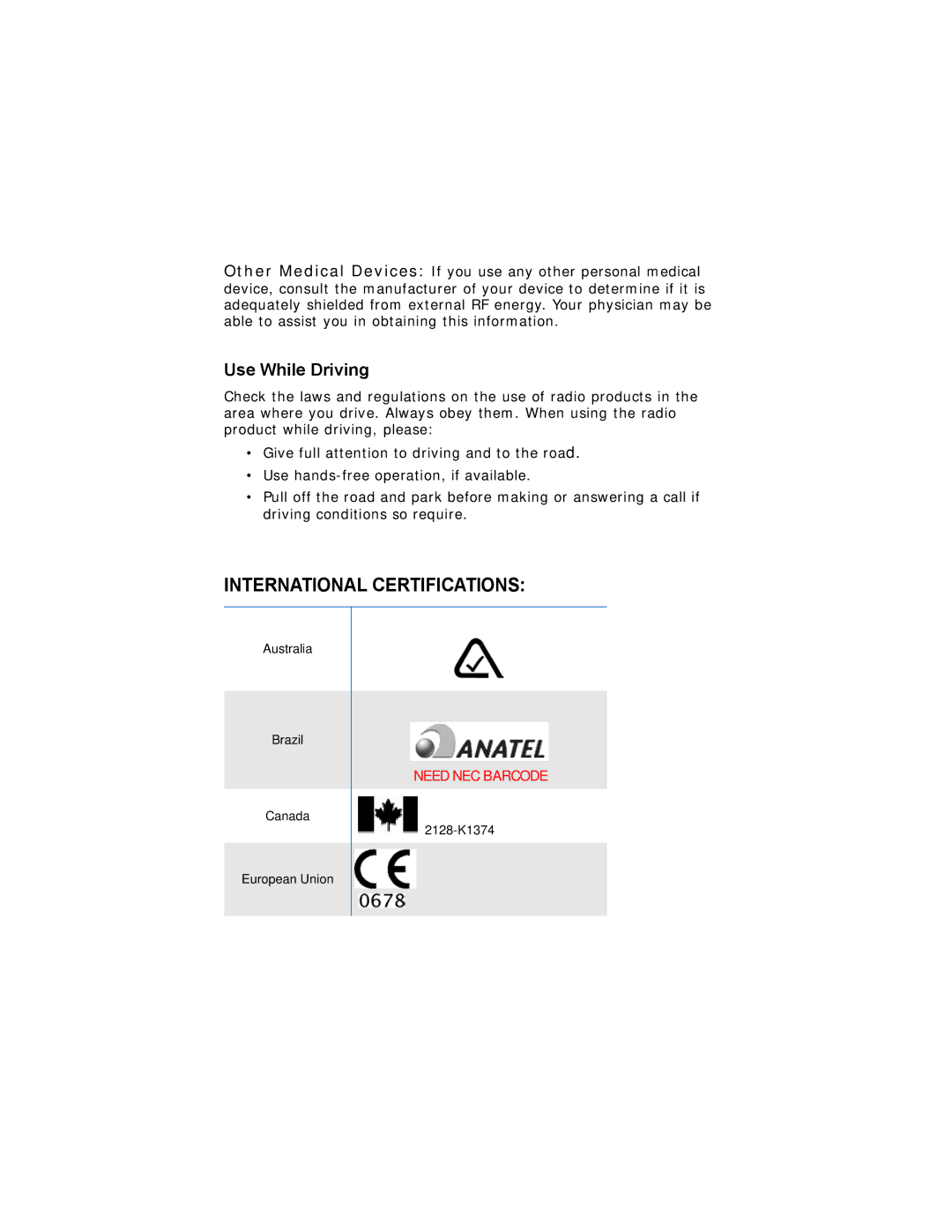 NEC 120 manual International Certifications, Use While Driving 