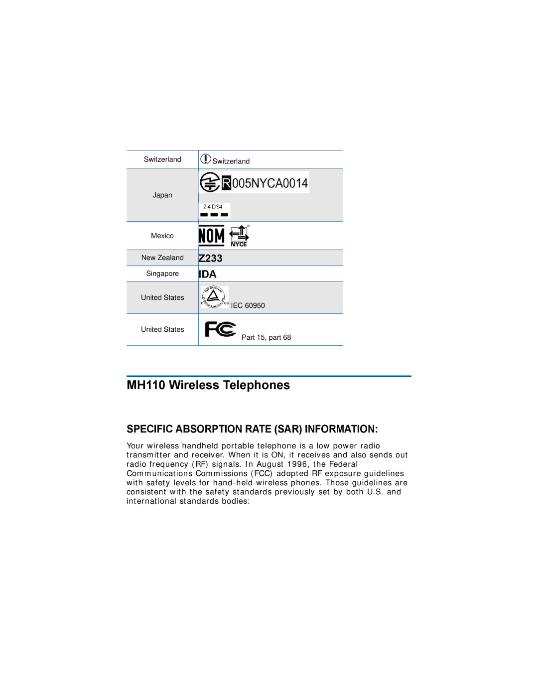 NEC 120 manual MH110 Wireless Telephones, Specific Absorption Rate SAR Information 